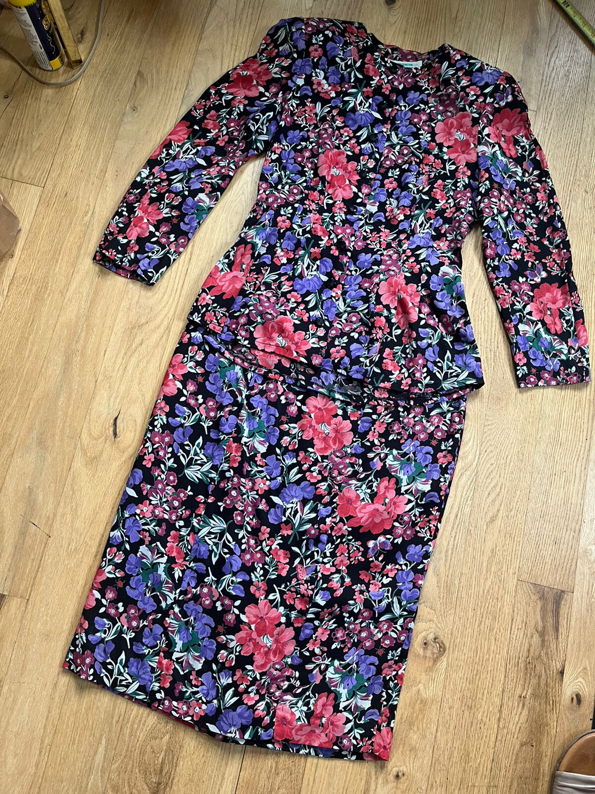 VTG Jane Schaffhausen Belle France Black Floral 2 Piece Peplum Top Skirt 4 XS