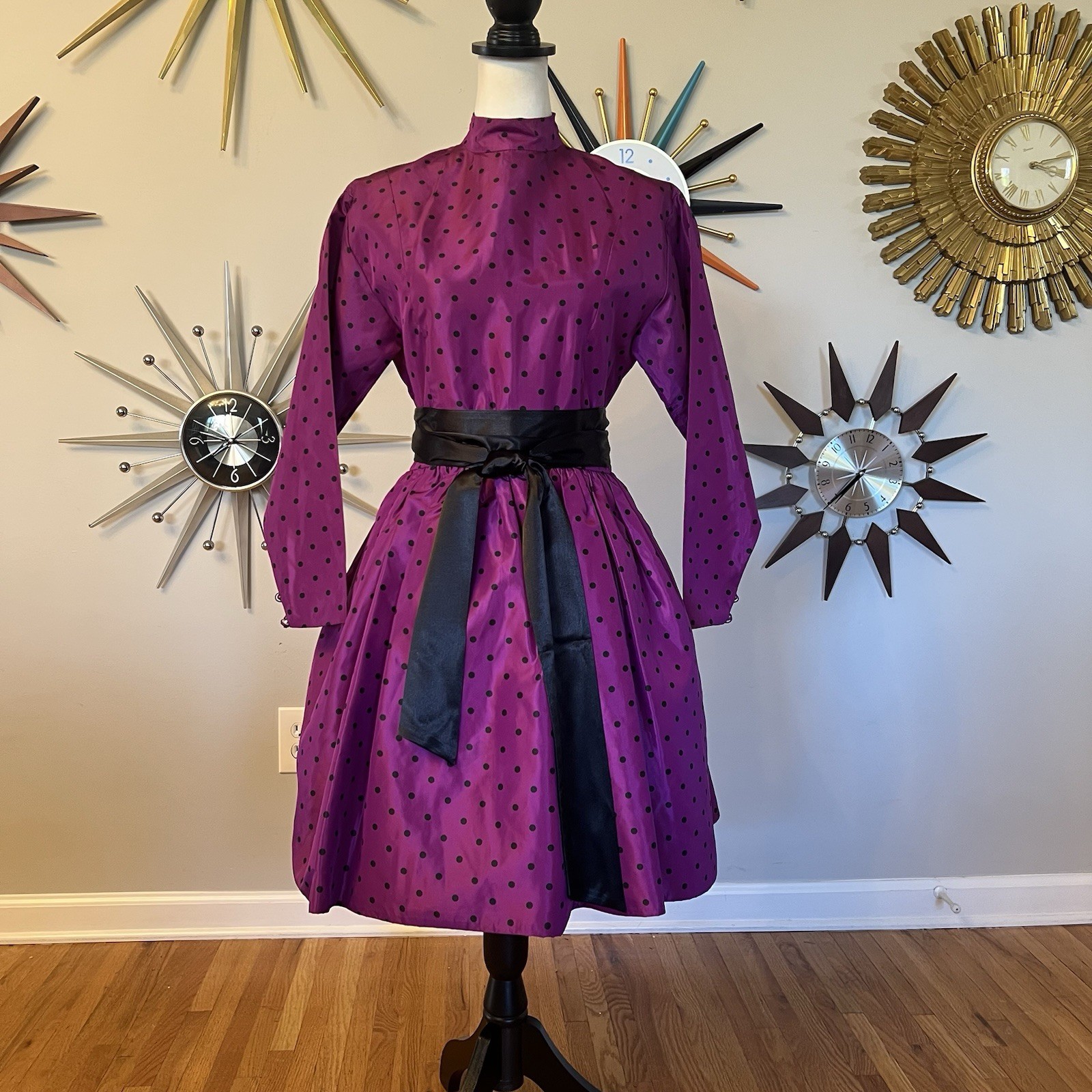 VTG 80s Willi Smith WilliWear 6 Taffeta Dress Purple Black Polkadots Pouf Skirt