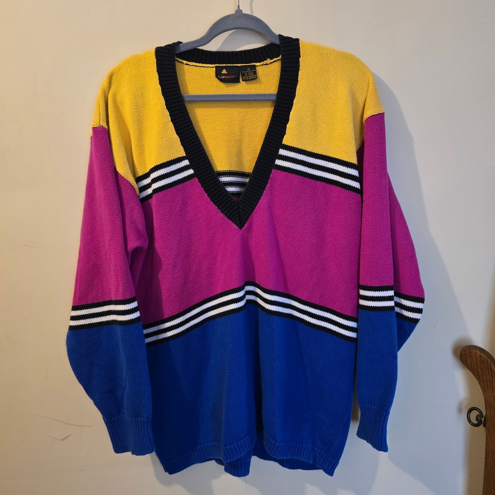 Lizsport Vintage Colorblock V-Neck Sweater Yellow Pink Blue Cotton Womens Medium