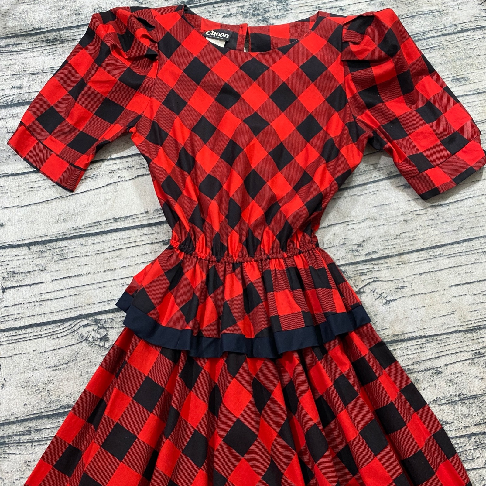 Choon Vtg Womens 7/8 Plaid Peplum Below Knee 70s Puff Sleeve Dress A-Line