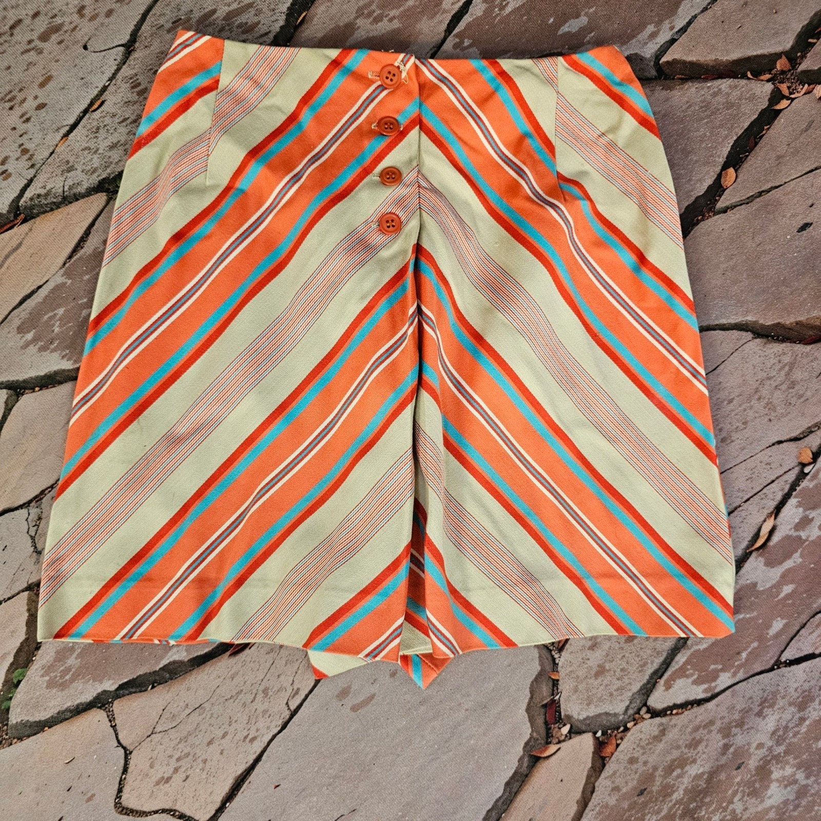 Vintage 1970s Bobbie Brooks Striped High Waisted Shorts Orange Teal Button Front