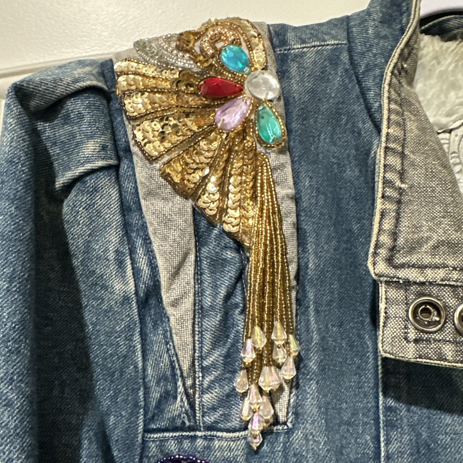 Vtg Mod Maid Denim Jacket Texas Bluebonnet Beaded Gold Fringe Western Cowgirl L