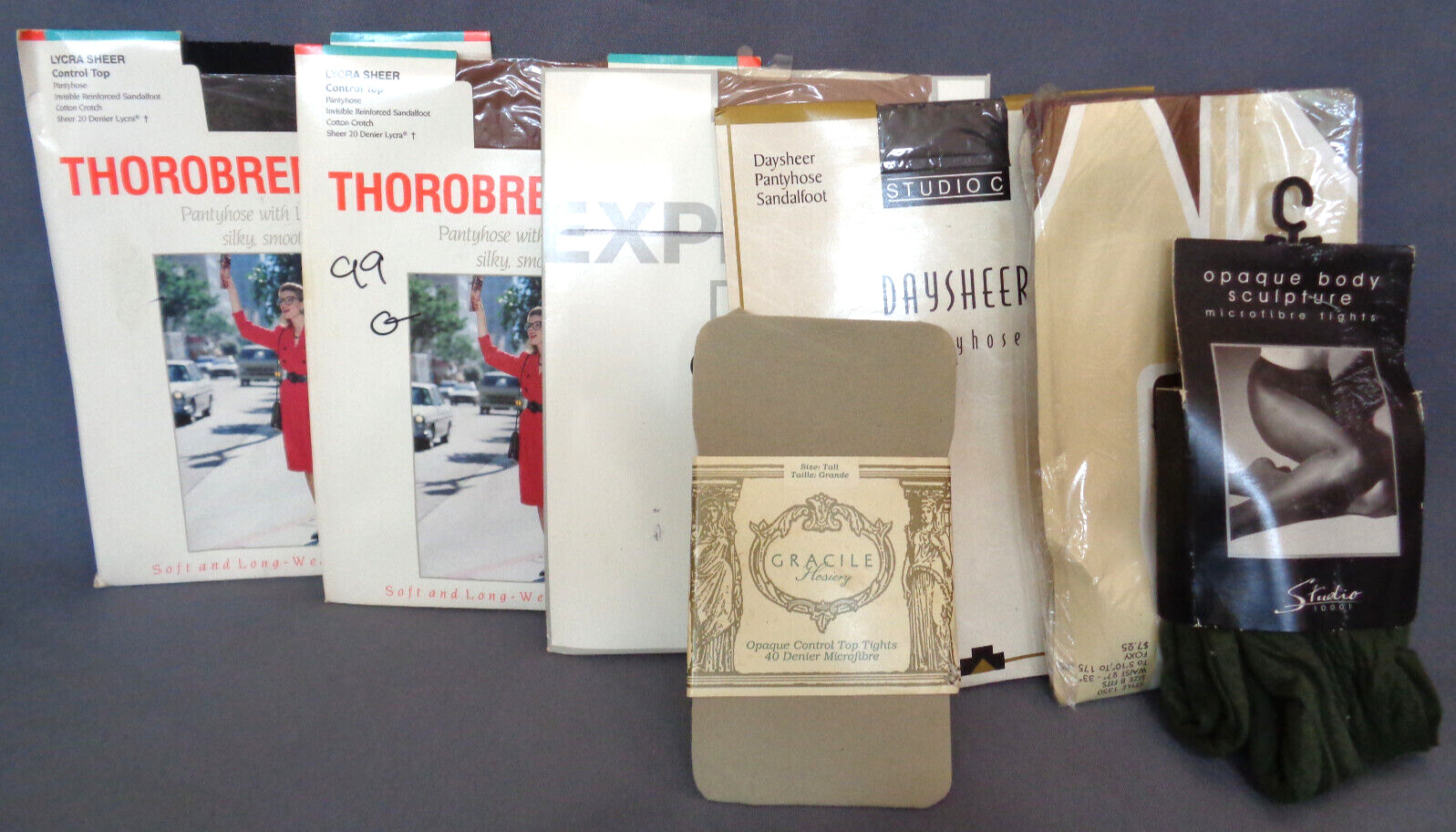 Vintage ’90s Pantyhose Tights Lot 7 Pr Sz B C Tall Med Black Tan Green Skin Tone
