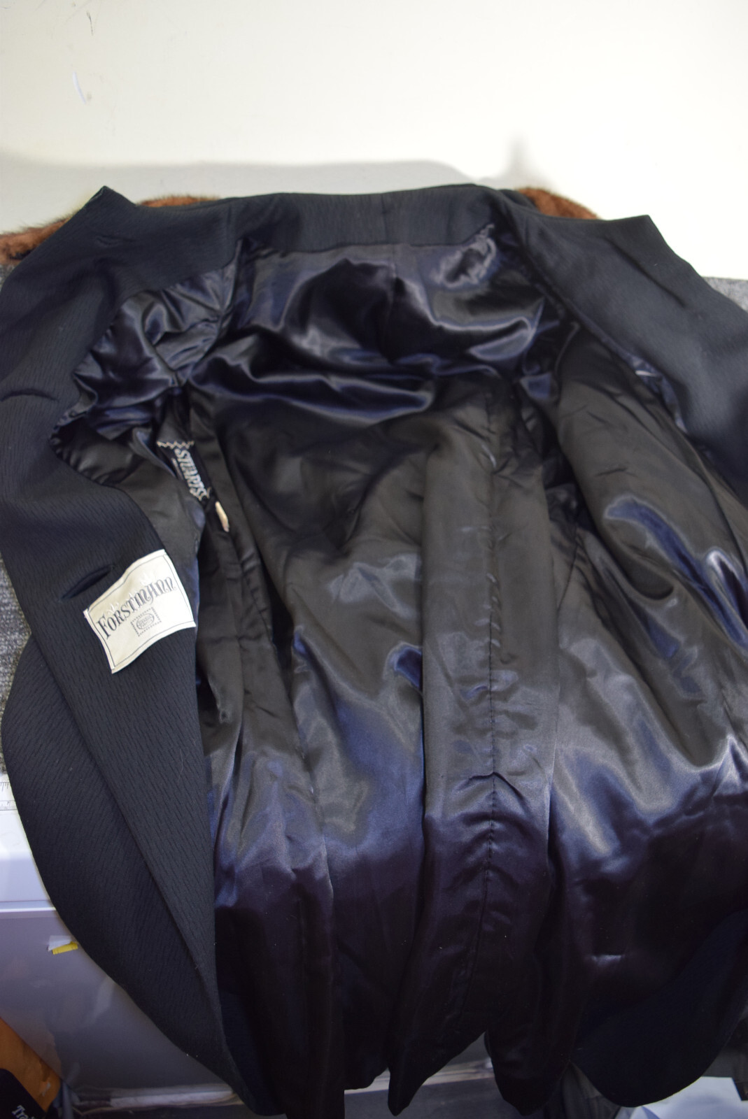 1960’s Forstmann Black Textured Wool Mink Collar Swing Coat 3/4 Sleeve WOMENS XL
