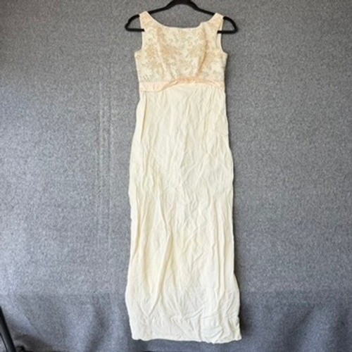 Vintage 60s Gold Brocade Empire Waist Maxi Dress Cream Sleeveless Formal Gown