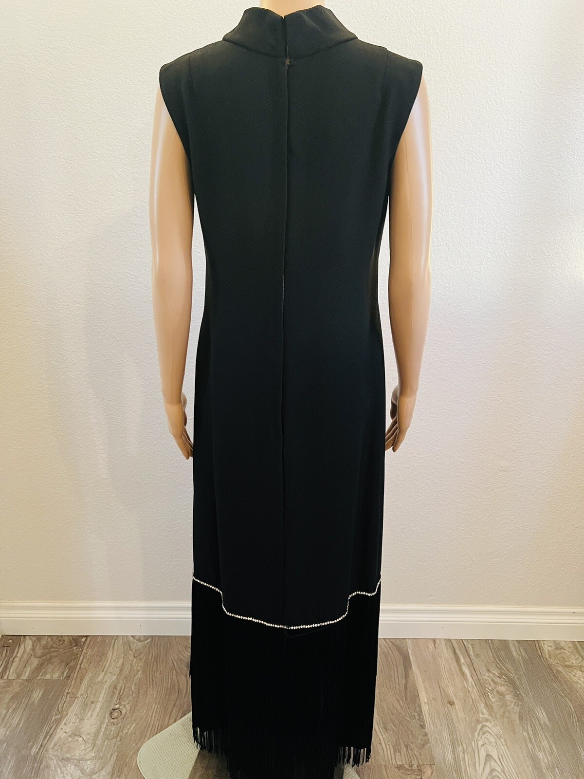VTG 1960s Pavillon Design Black Evening Gown Maxi Dress Fringe & Rhinestones M*