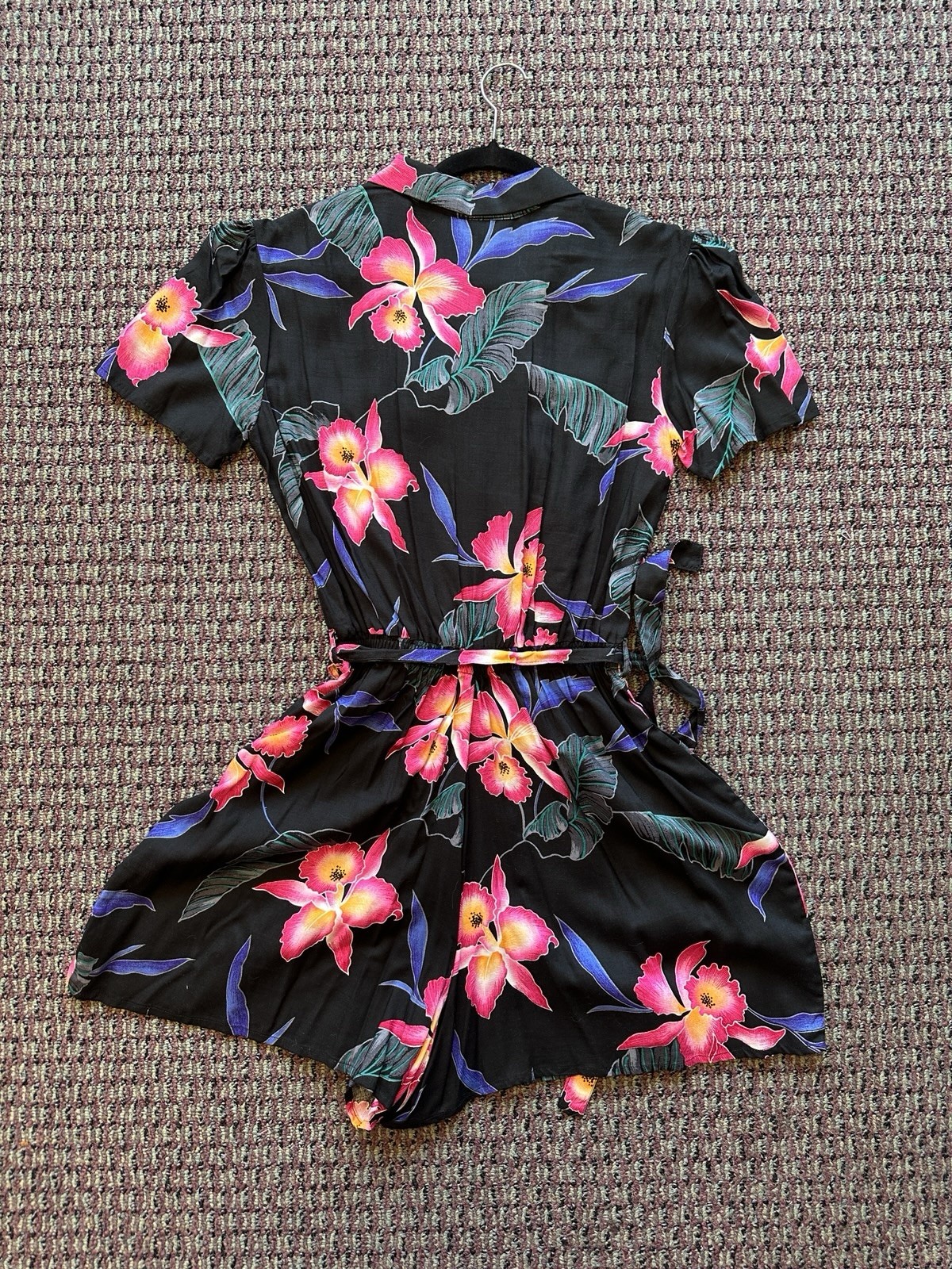 Vintage 80s Floral Print Romper Playsuit Black Tropical Print Stretchy S/M