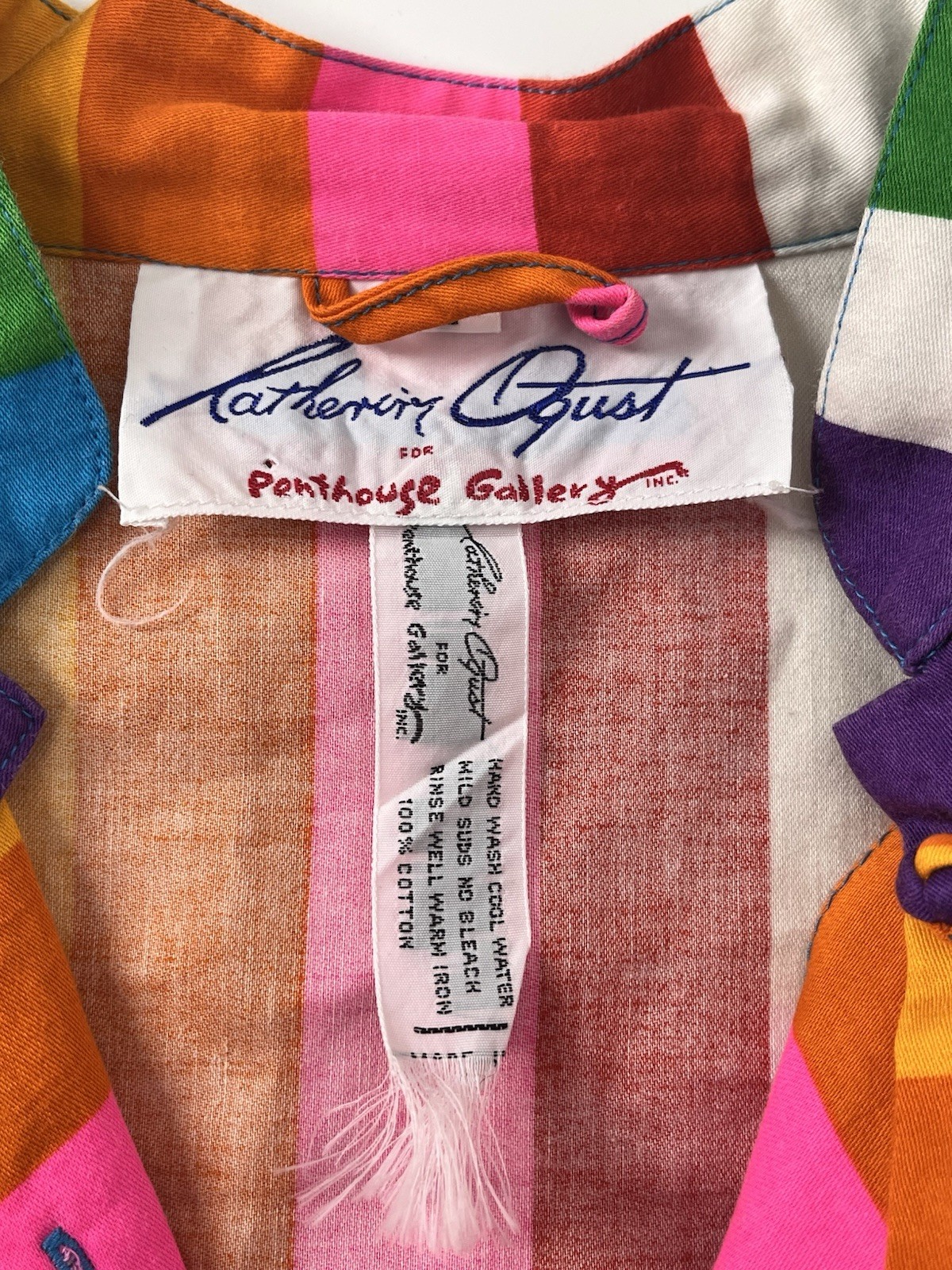 Catherine Ogust Penthouse Gallery 70s Rainbow Cotton Shirt Dress Large Kaftan