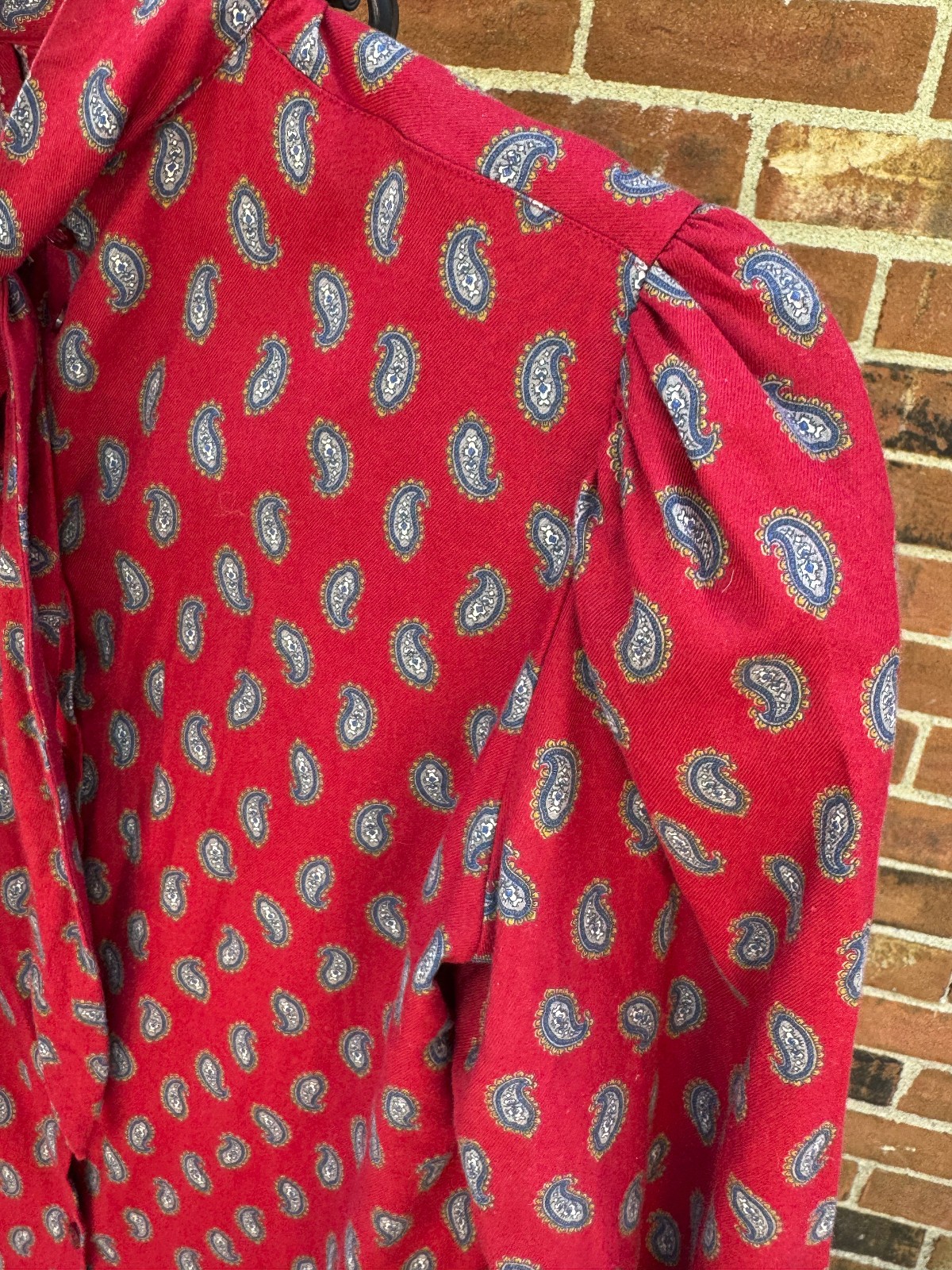 RARE Vintage EDWARD Ireland Red Paisley Pussy Bow Blouse Modal Cotton Sz 8 Small