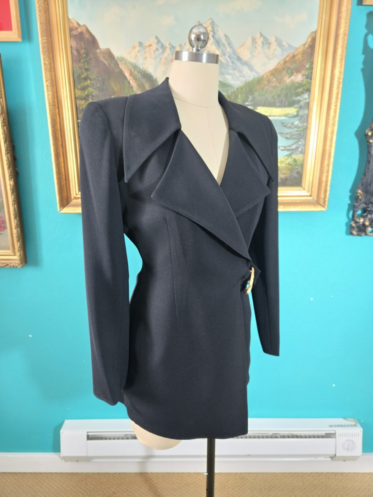 Vtg 1980s Kathryn Dianos Dagger Collar Goth Black Asymmetric Blazer