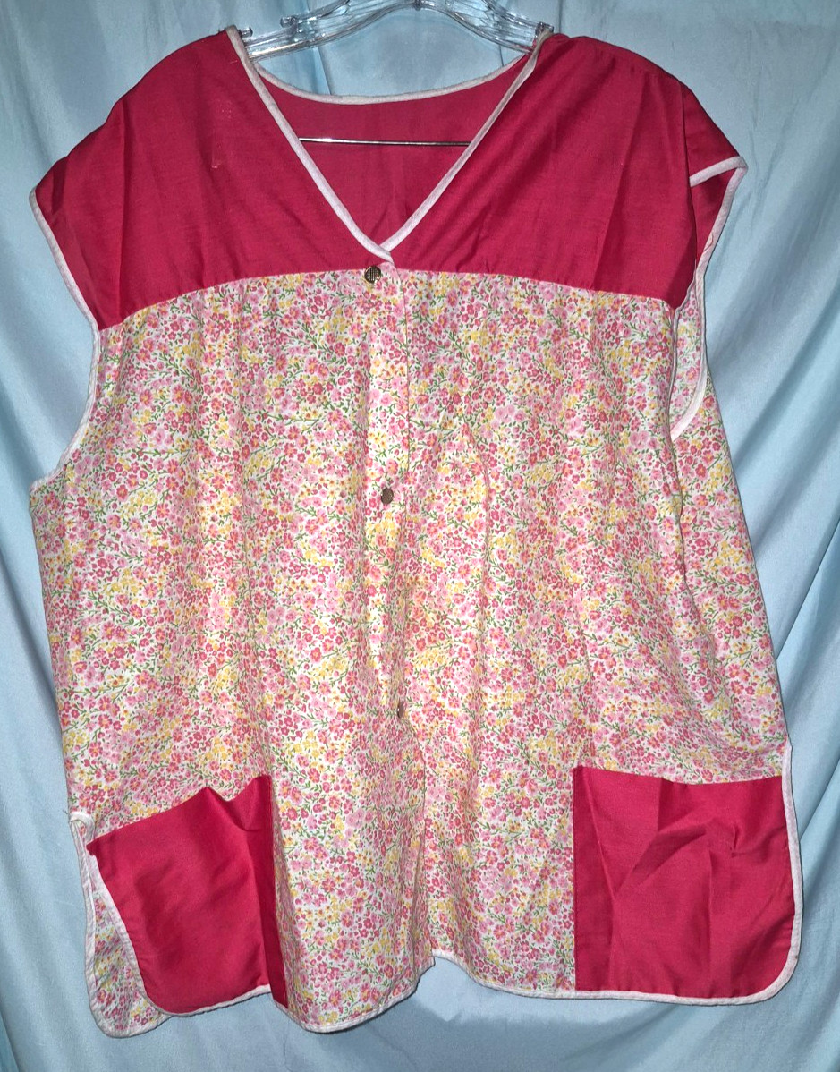 Handmade Pink Floral Snap Front Maid Housekeeper Gardening Smock Size 3X Vtg