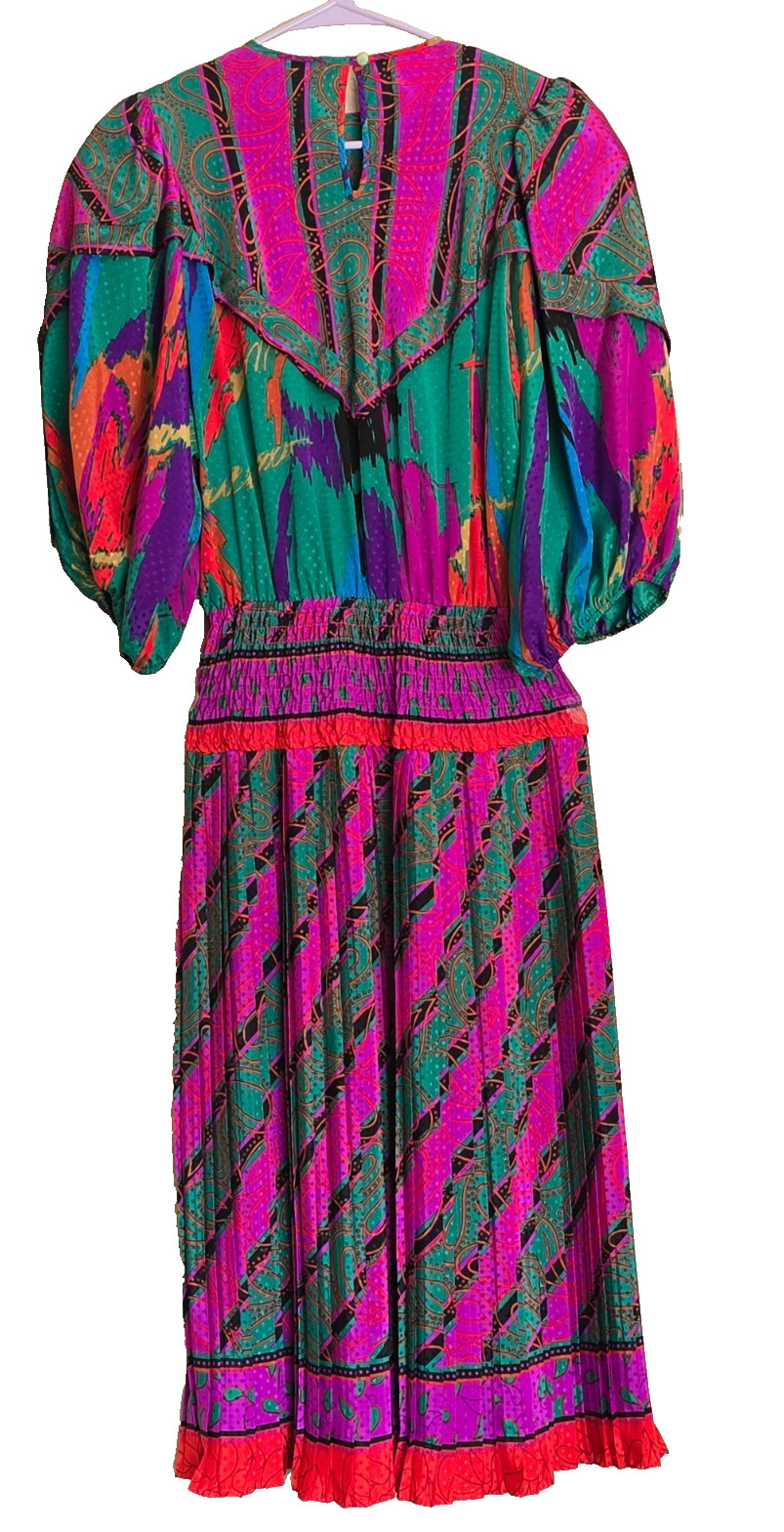Vintage Assorti for Susan Freis Dress Womens Small Pink Red Green Pleated Ruffle