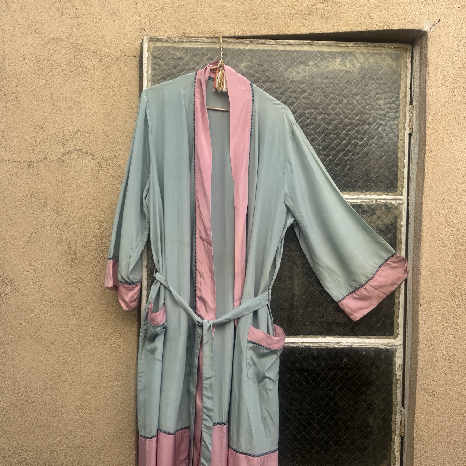 Antique 1920s Cotton Candy Blue & Pink Silk Robe Dress Coat Lounge Vintage