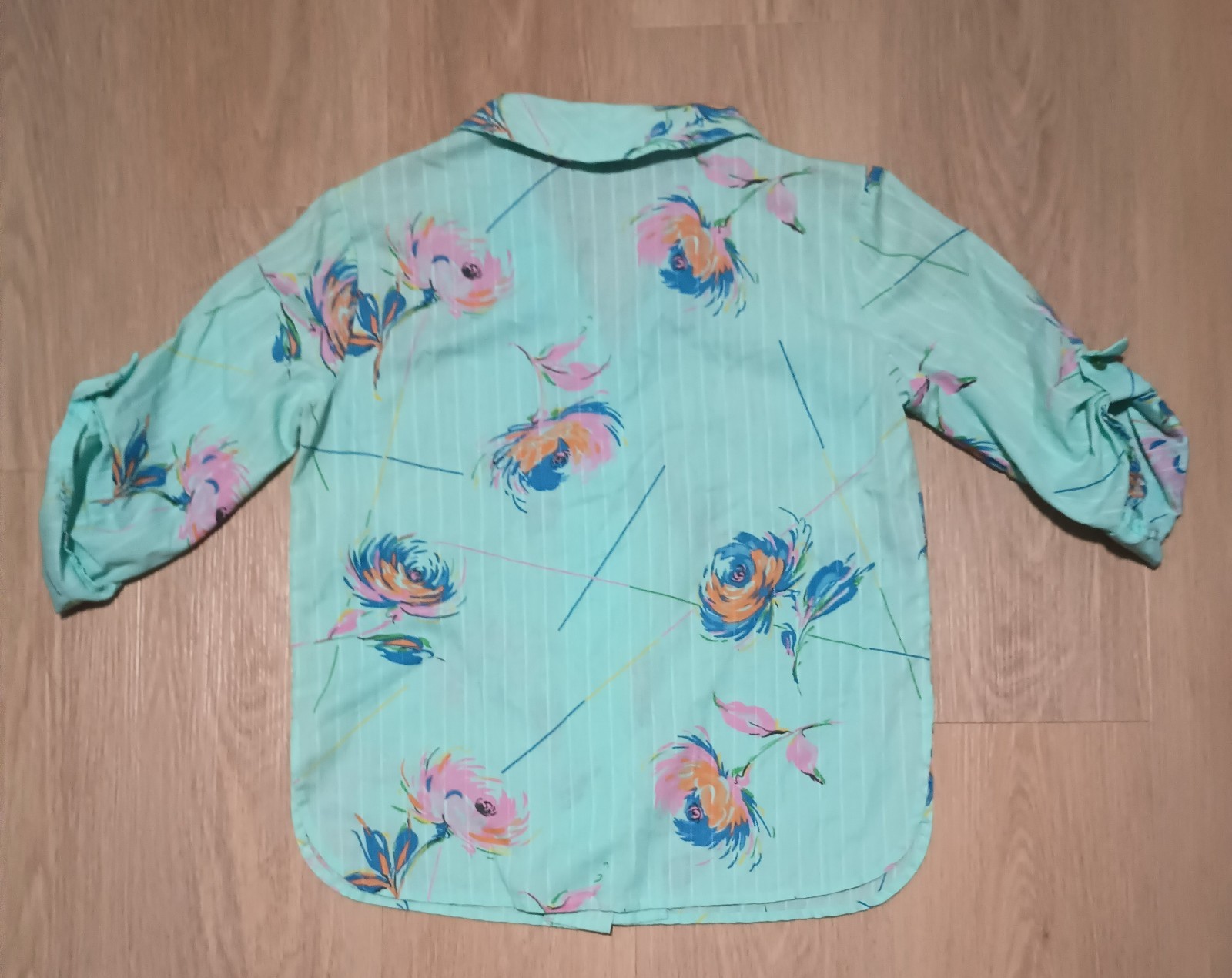 Vtg 80s Green Blue Shawl Collar Button Up Blouse Top new wave kitsch paint M L