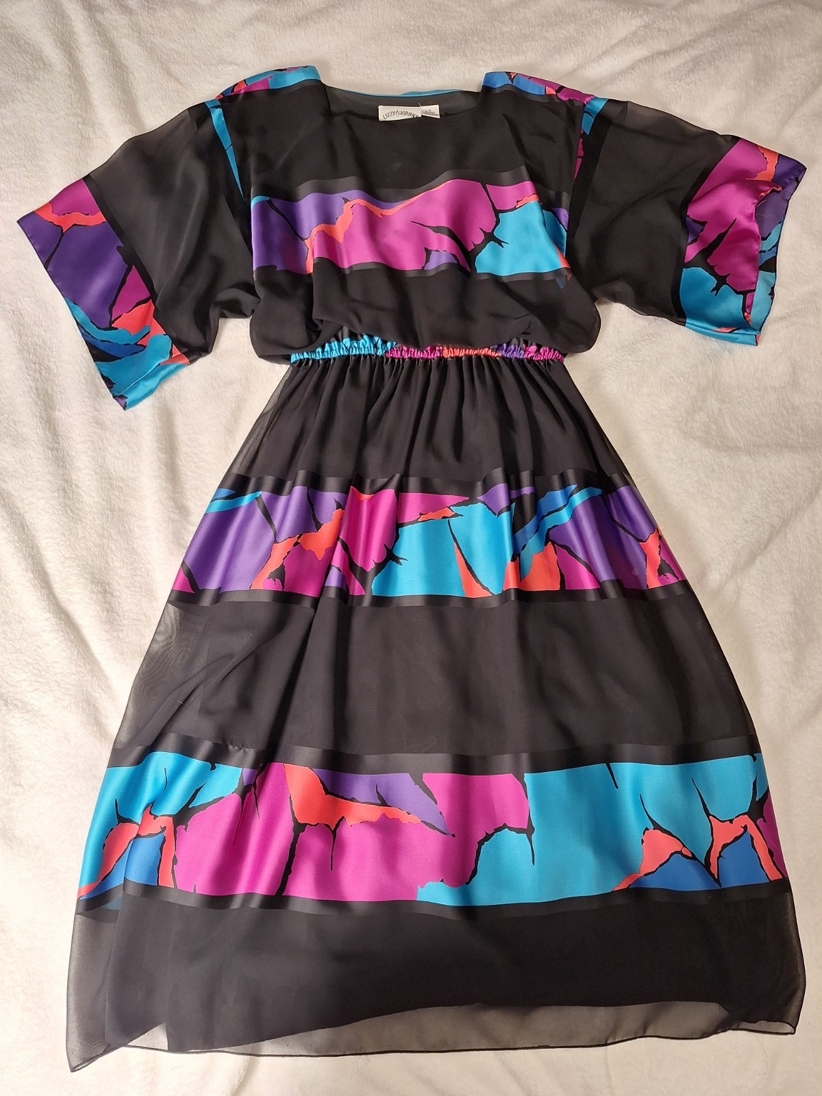 VTG 80s Lizzy & Johnny Lucero Abstract Geometric Chiffon Midi Dress Size 8 Sheer