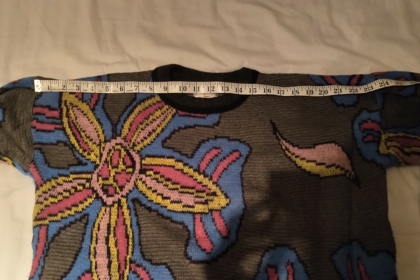 VINTAGE 1980S ESPRIT FLORAL PRINT WOOL SWEATER GREY BLACK BLUE SIZE M MEDIUM