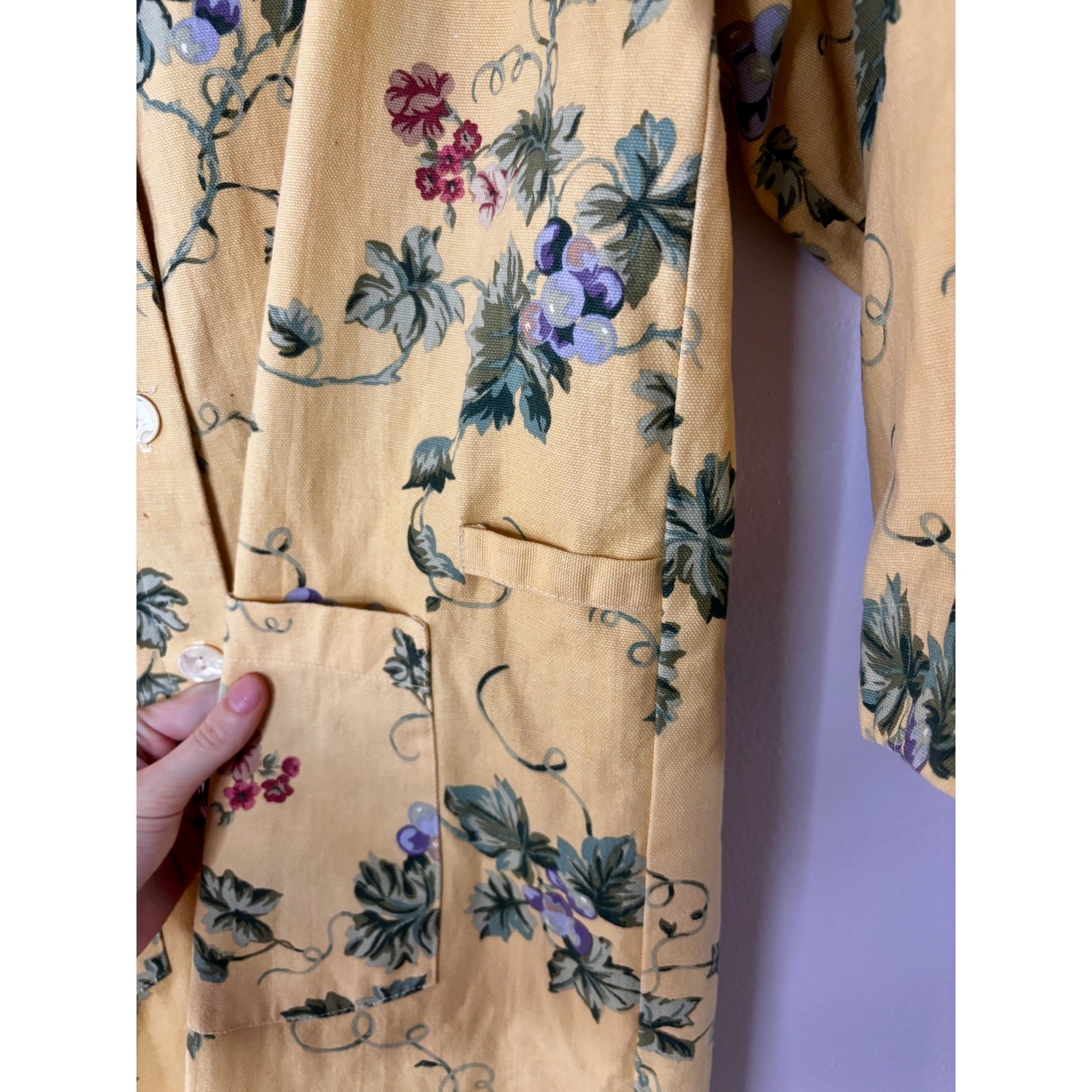 Vintage 1980s Gianna Rose Butter Yellow Floral Tunic Smock Chore Coat Artist S