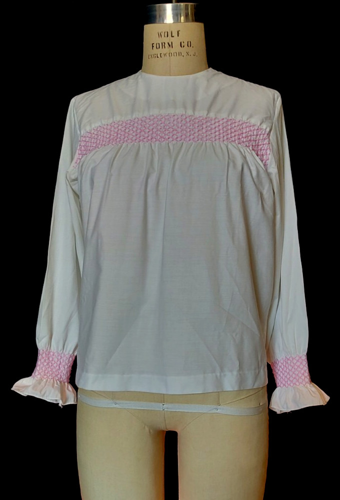 Vtg 1960s MCM Women’s WHITE COTTON BLOUSE w/ PINK SMOCKING Jewel Neck, long slev