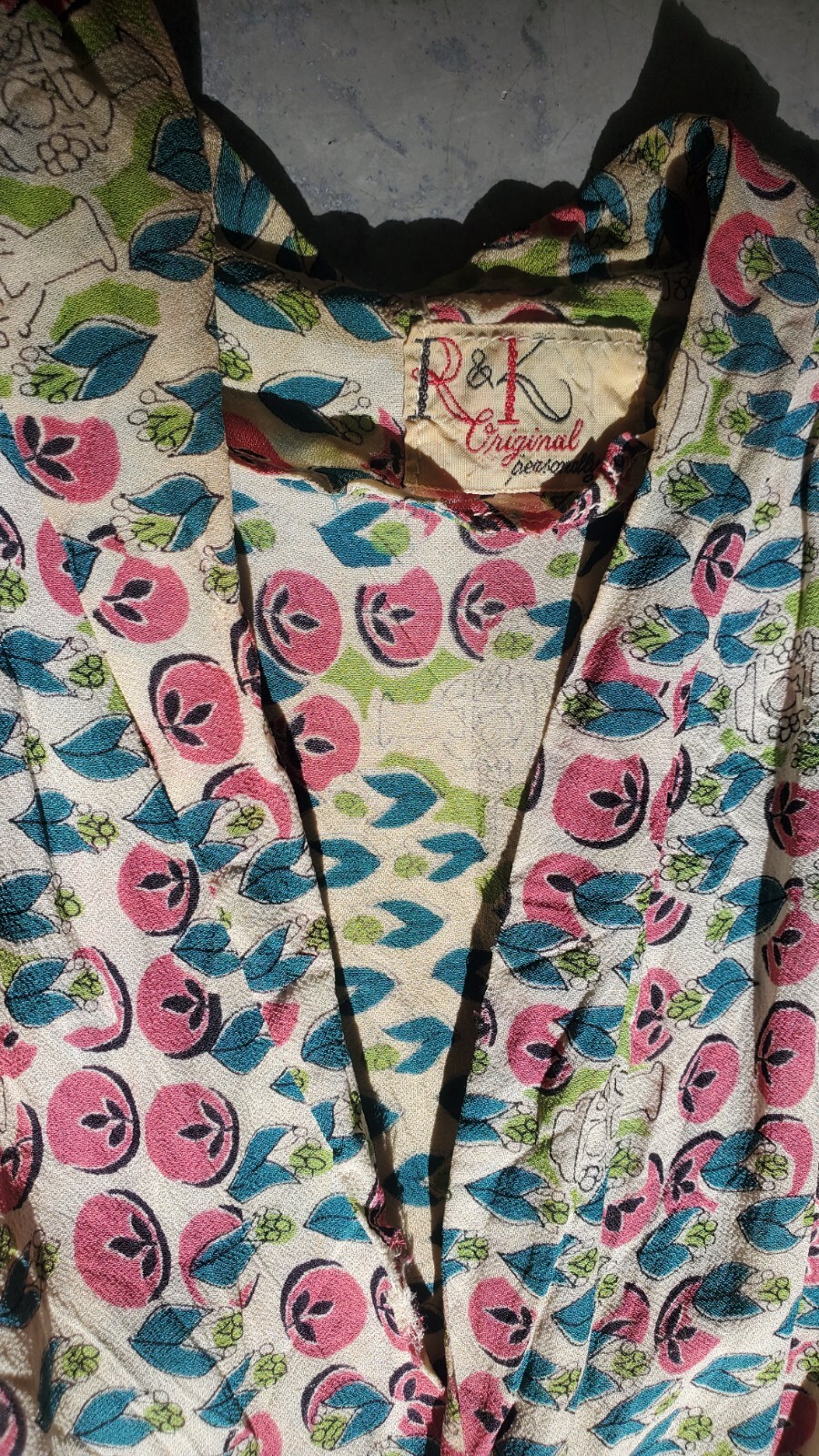 Vintage 40s R & K KNITS Rayon Pink Teal Floral Dress Tiered Ruching ART DECO XS