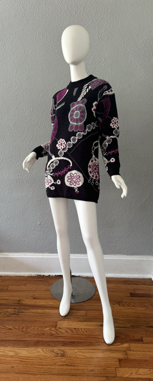 Vintage 80s Black Wool Funky CERVELLE Crew Tunic Sweater Top S