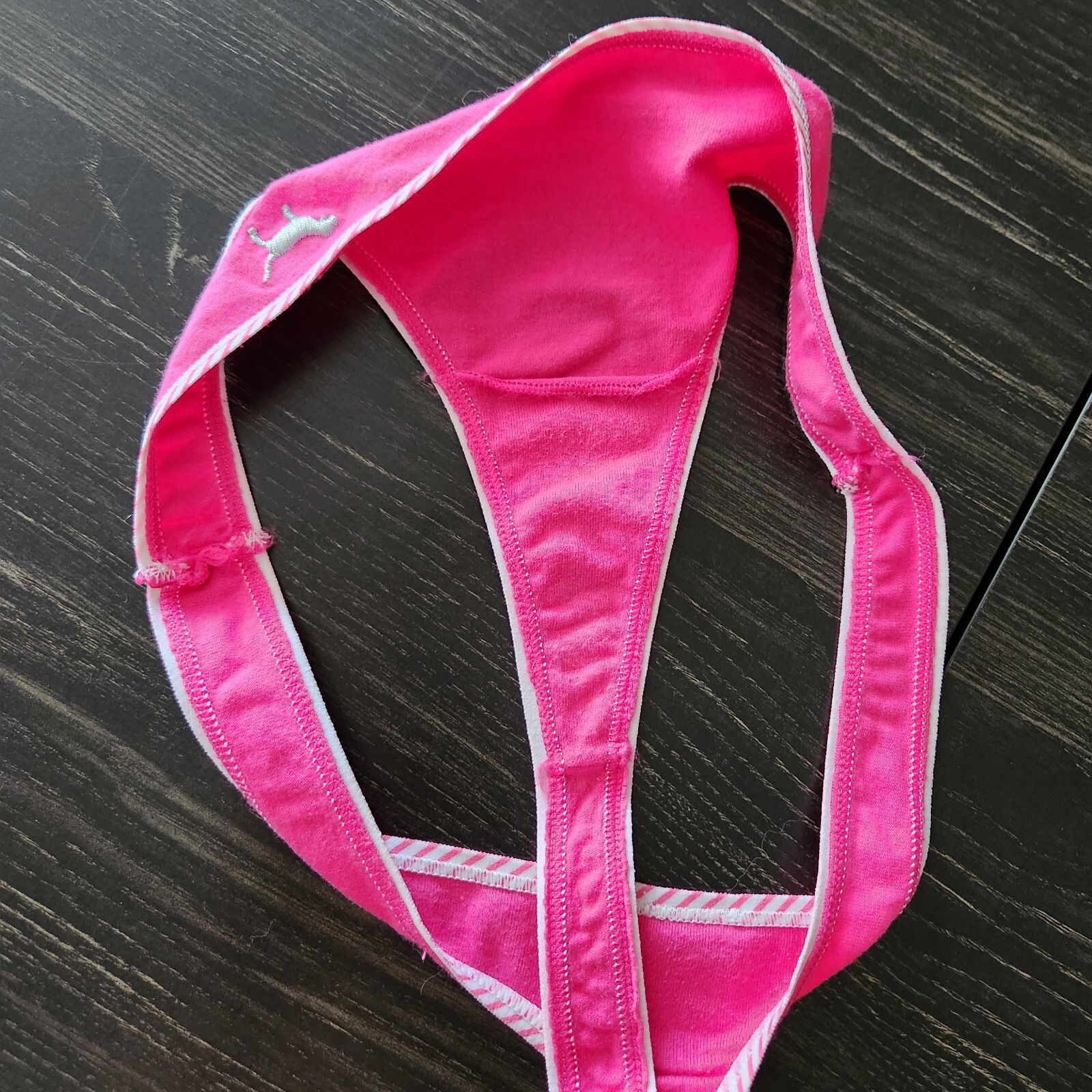 Vintage Y2K Victoria’s Secret Pink Dog Stripe Cotton Thong Panties Metallic Icon