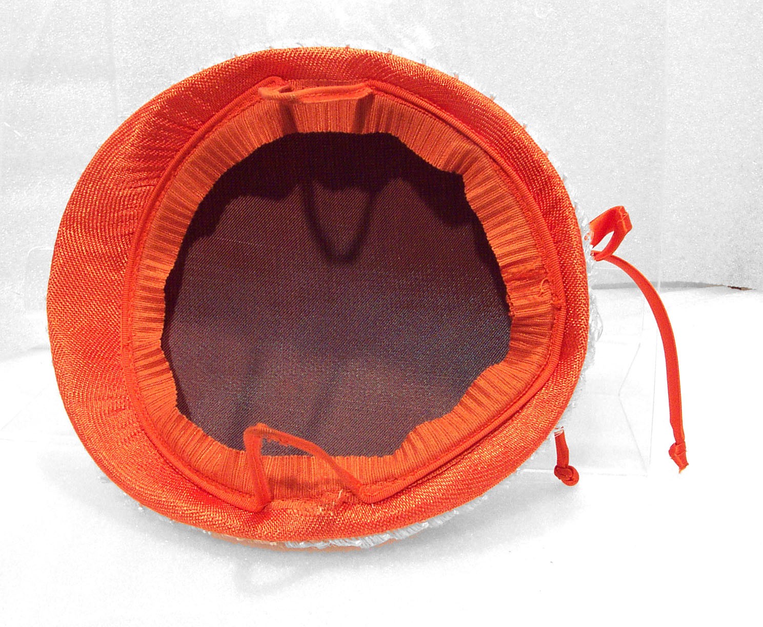 Orange Hat /White Trim with Rhinestones Side Prongs Satin Tie Bow Vintage 50’s