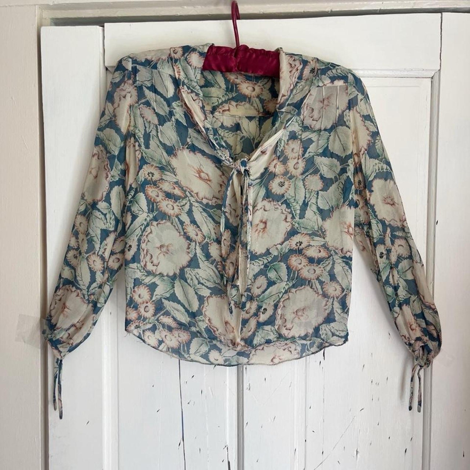 Antique 1920s 1930s Silk Crepe Whimsical Floral Sailor Tie Collar Blouse XXS/XS