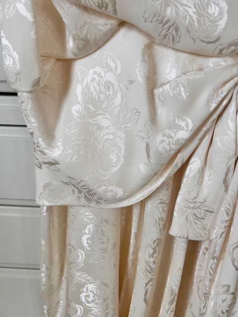 Jack Mulqueen Vtg 80’s Evening Dress Sz 8 Ivory Floral Jaquard Silk Drop Waist