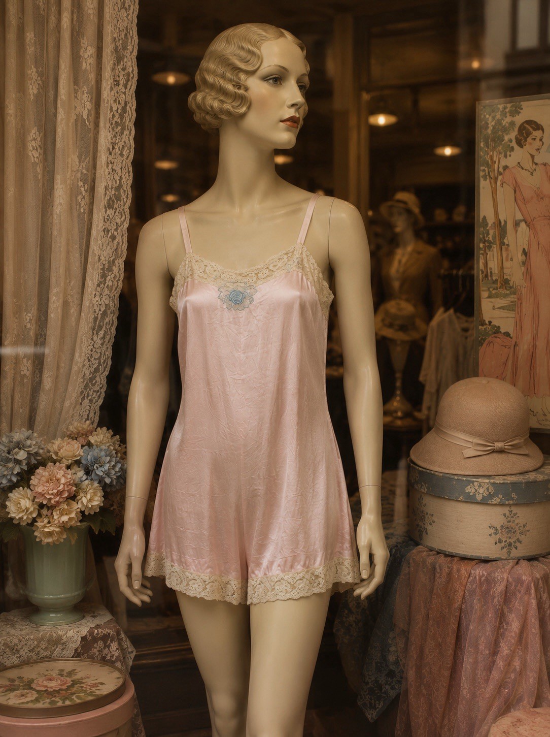 Antique 1920s Silk Romper Step-In Teddy Lace Embroidered Bridal Boudoir Lingerie