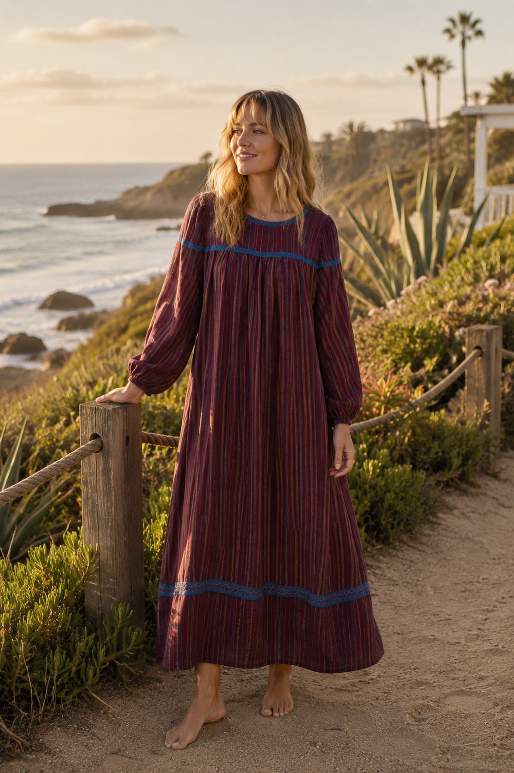 Vtg 70s Periwinkle Striped Long Boho Hippie Lounge Caftan Dress
