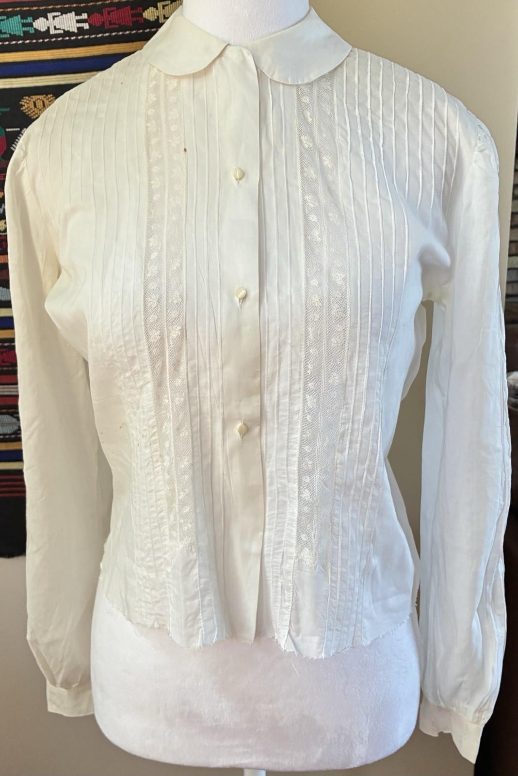 Vintage Handmade 40s White Pintuck Lace Button Up Blouse Top Size M