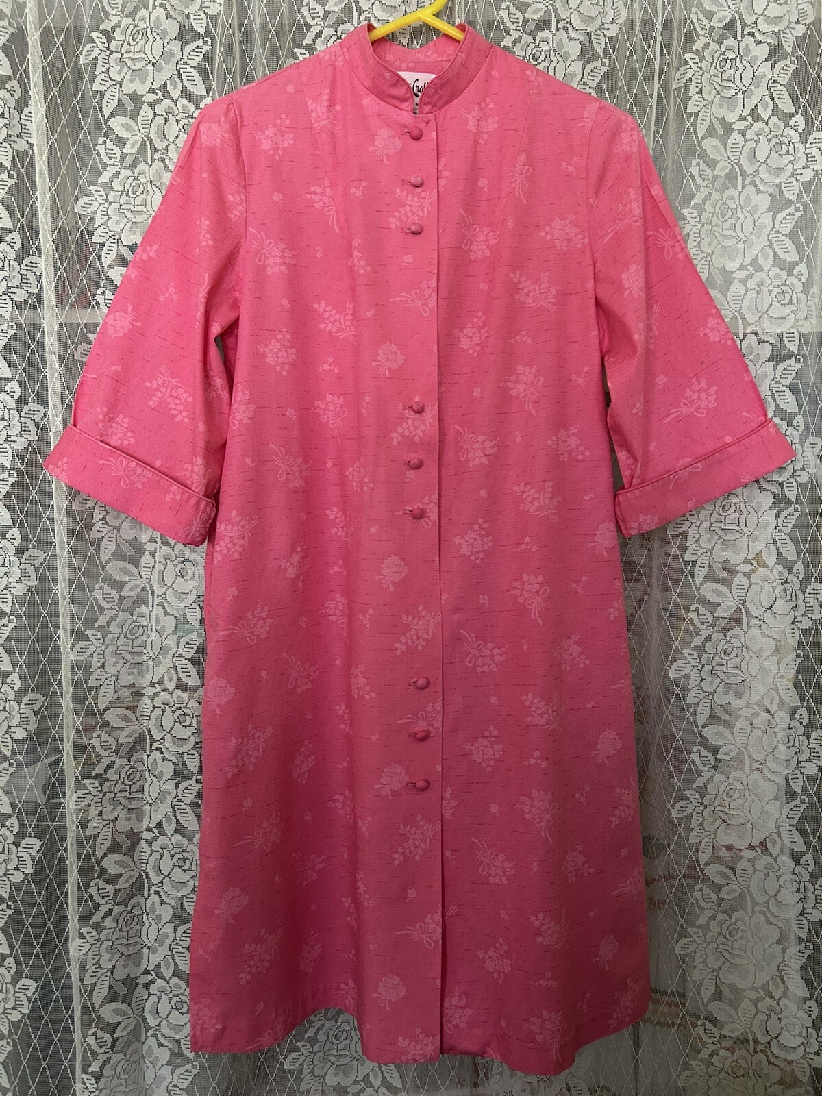 Vintage 1960’s Pink Asian Style House Dress Hostess Gown Floral Cotton/Rayon Med