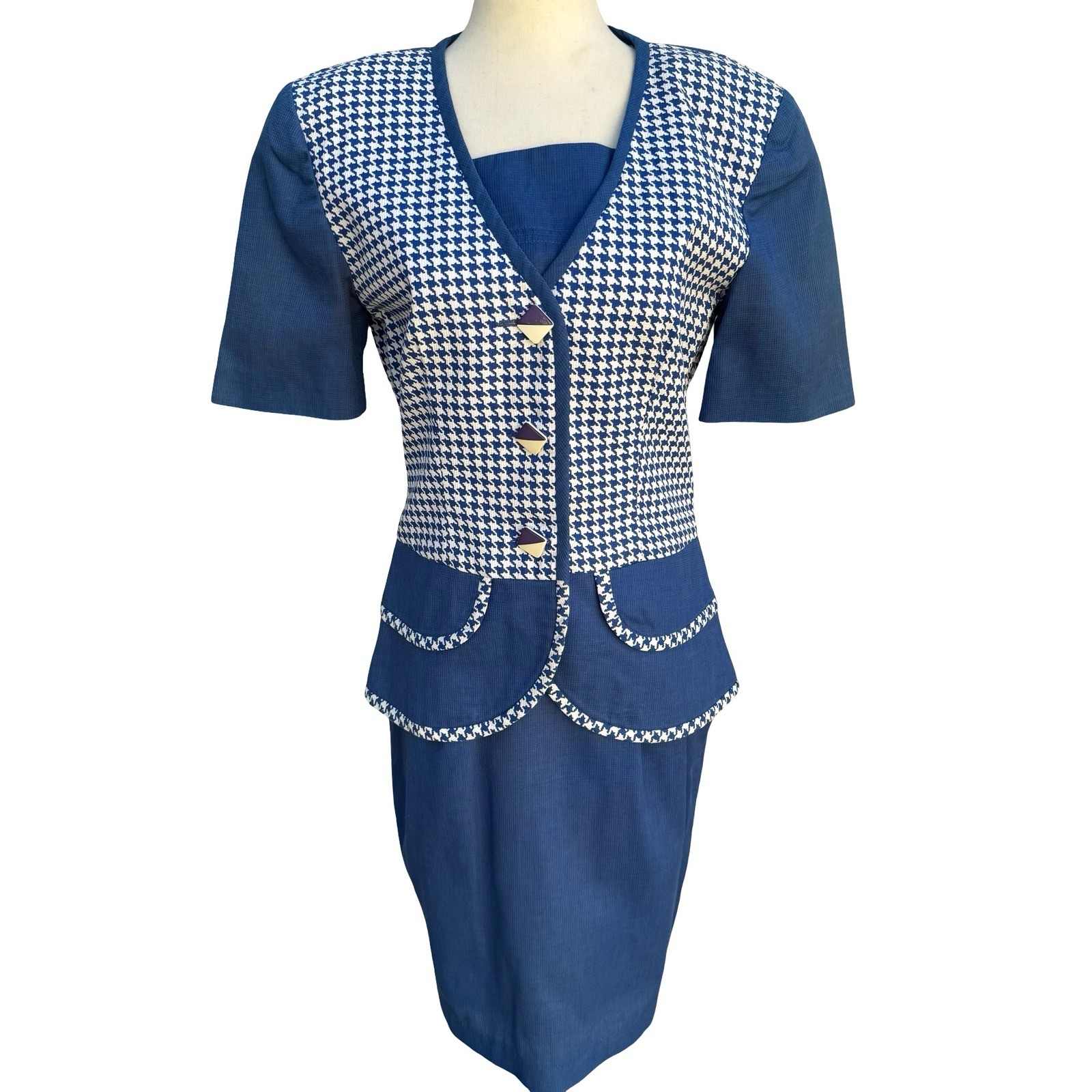 Eneste Vintage 80s Blue Houndstooth Skirt Suit Set Size 4 Short Sleeve Blazer
