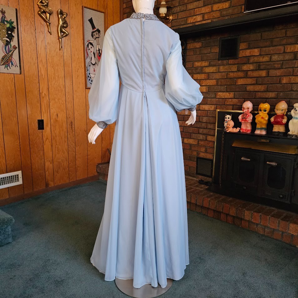 Vtg 70s Dreamy Chiffon Bishop Sleeves Powder Blue Prom Gown Bewitched Dress M