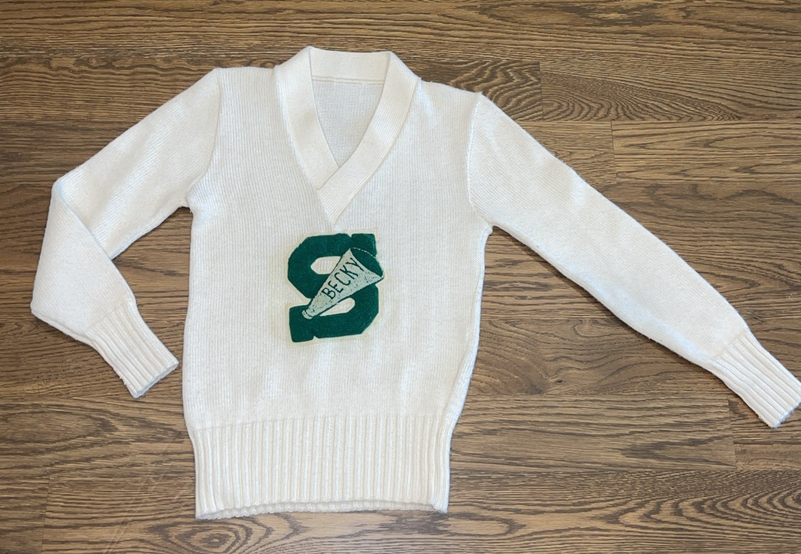 Womens Vtg Varsity 40s 50s 60s Cheerleader Letterman Sweater Ivory