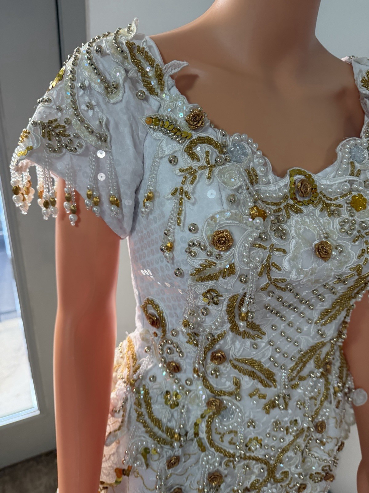 Vintage Ivory Gold Beaded Dress XS Formal Handmade Embellished Gow