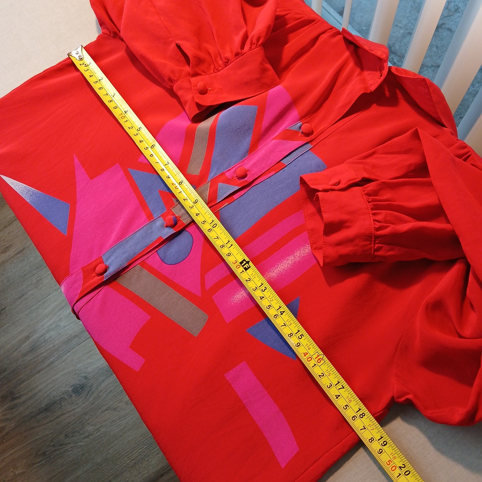 Mary McFadden Vintage 80s Red Silk Blouse 12 stains long sleeve collared buttons