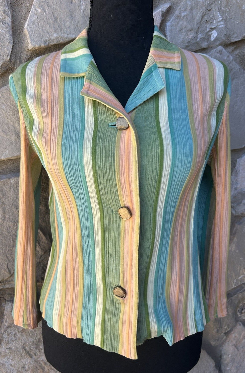 Vintage Silk Jacket by Takashimaya XXS XS Pink Green Multi Crinkle Fabric EC