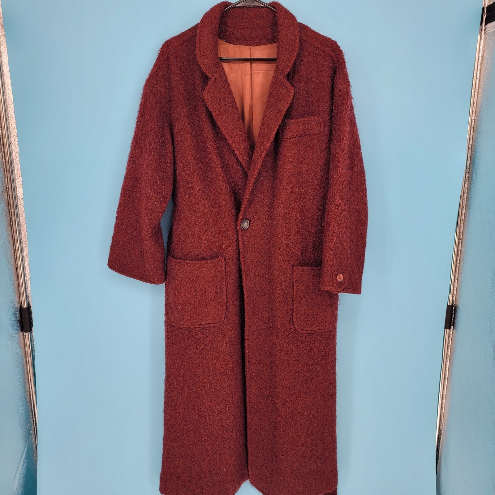 LUBA Wool Trench Coat Womens Large Burgundy Red Vintage Long Belted Boucle rare