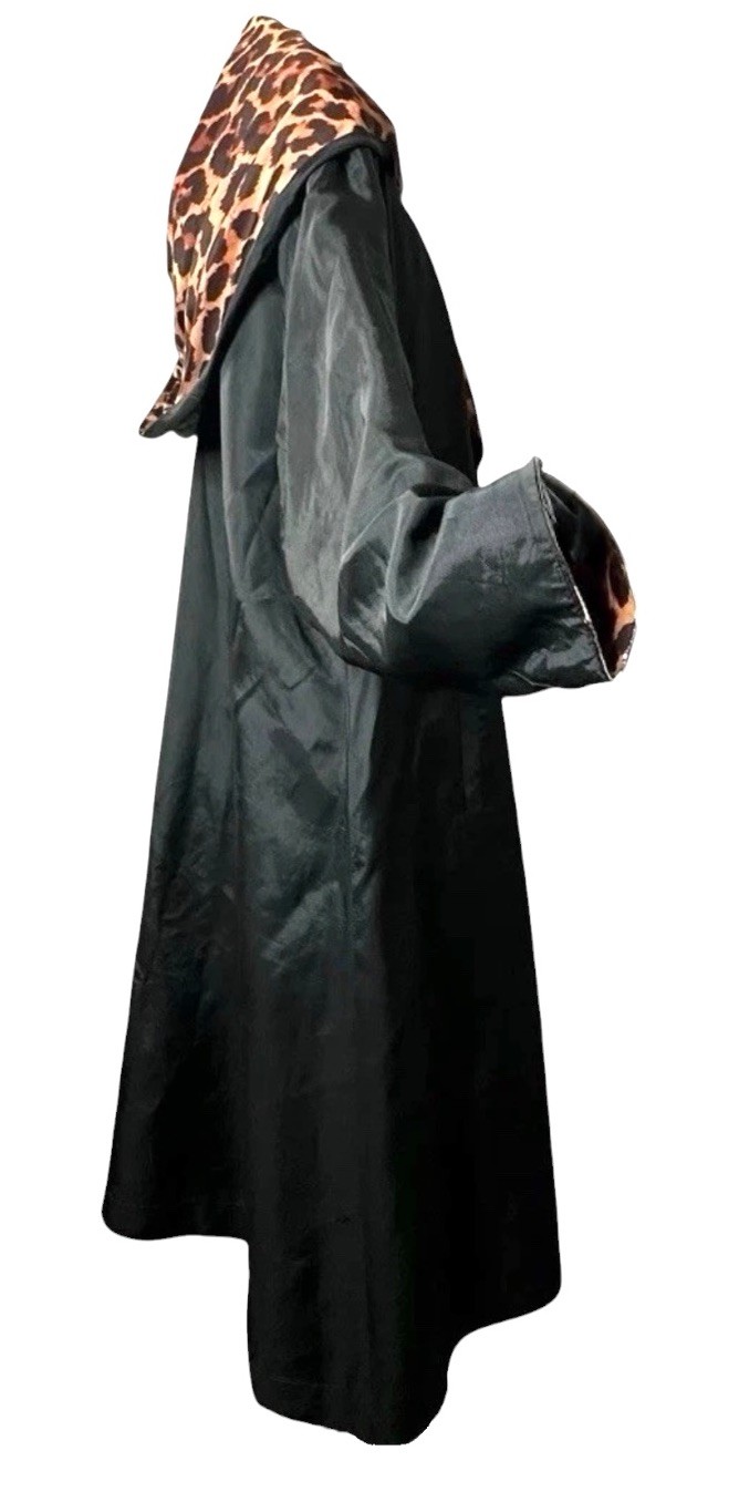 1950s Reversible Silk Satin Duster Coat Leopard Print Hooded Pockets