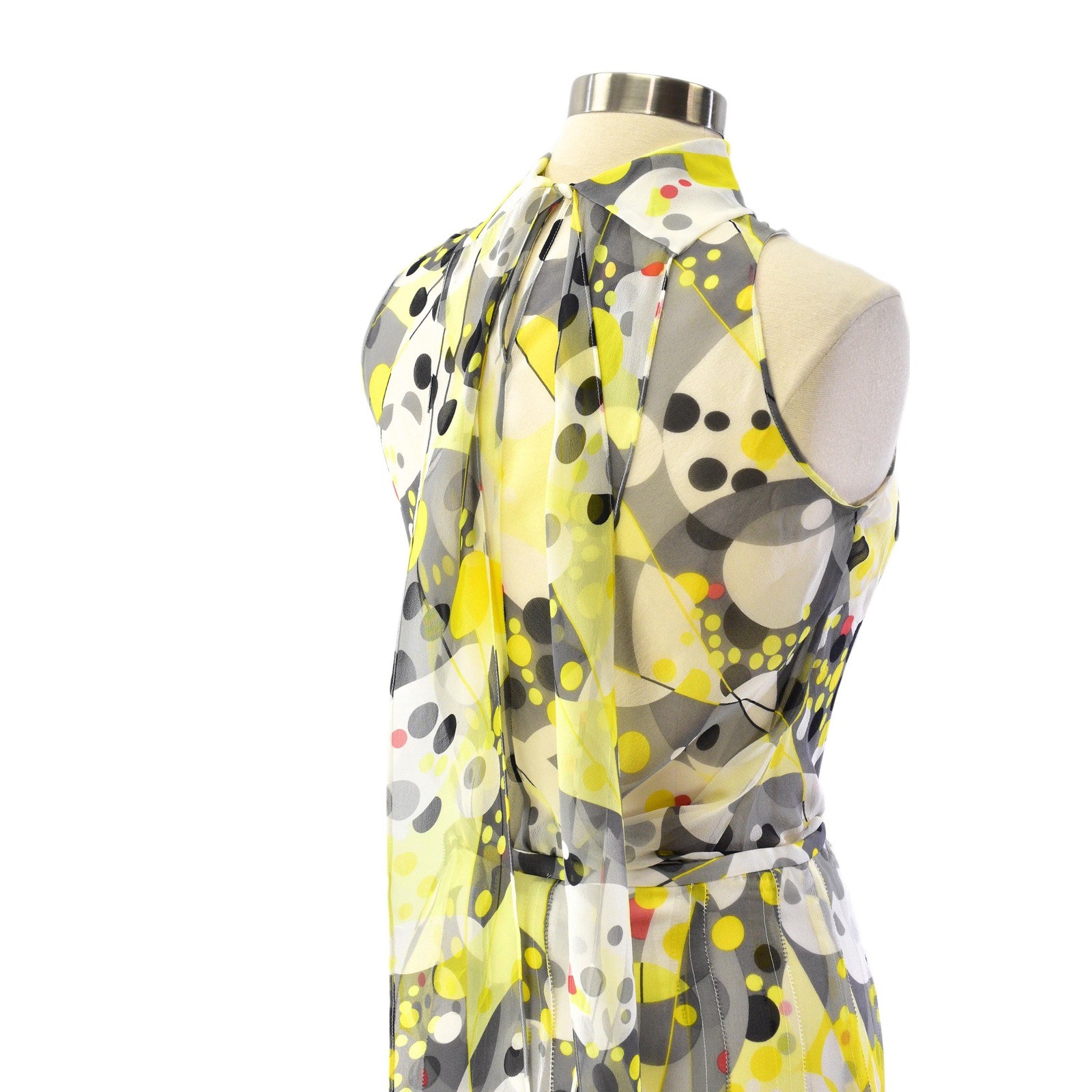 Y2k Silk Scarf Neck Top & Skirt Set Womens 4 S Blouson Sleeveless Yellow Gray