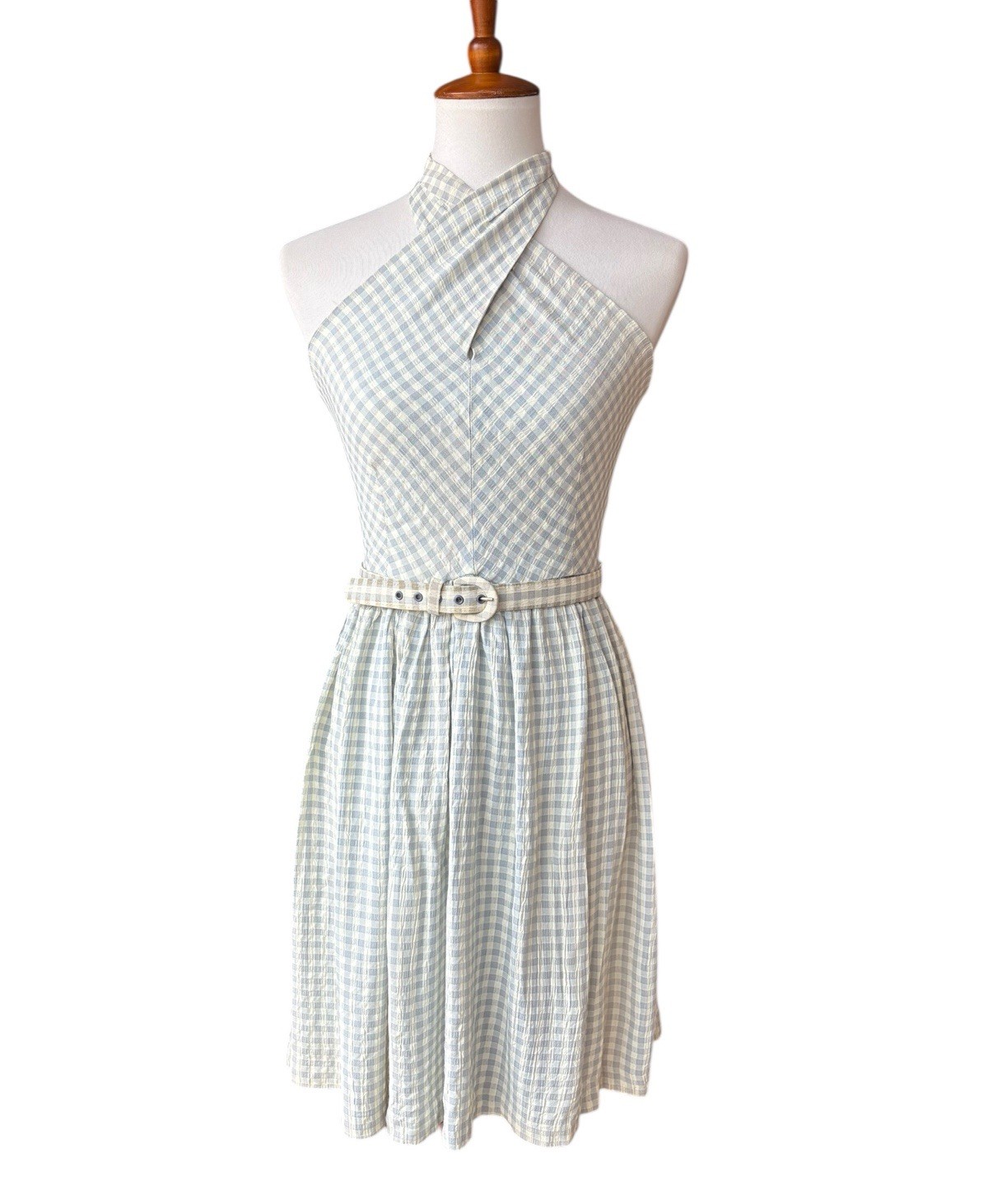 Vtg Claude Rene NY Gray White Polka Dot Belted Halter Dress 1990’s Small