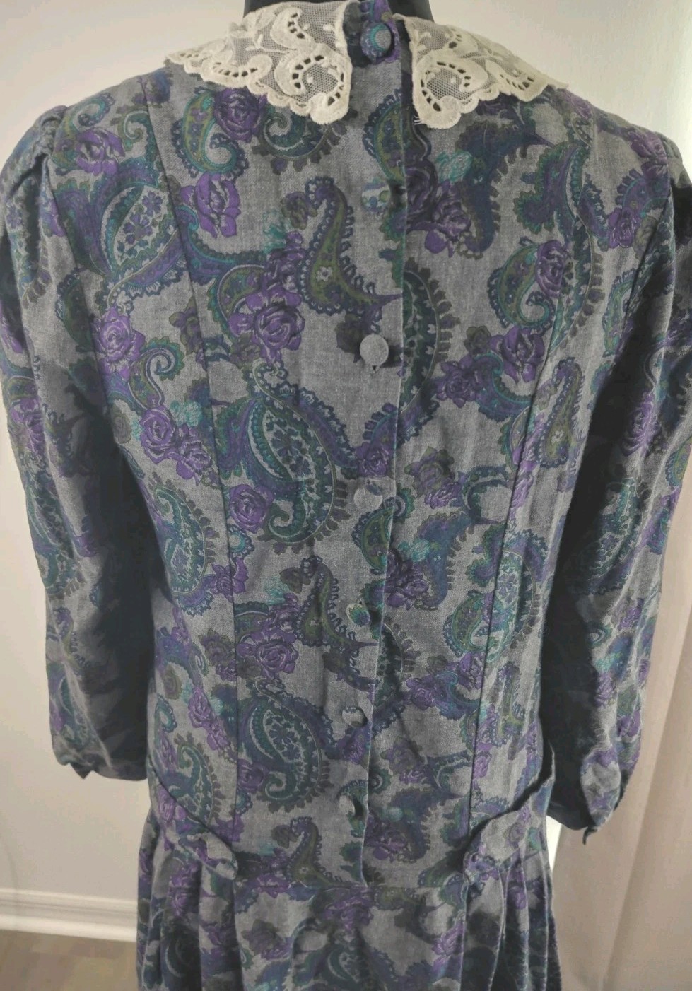 Vintage 80s Laura Ashley 10 Cotton Wool Floral Dress Lace Collar Cottage England