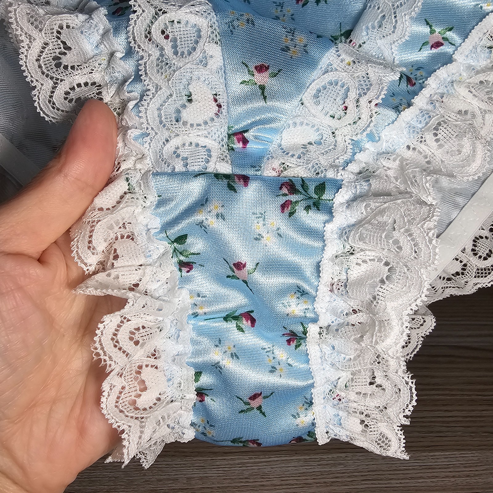 Glossy Floral Satin Panty Blue Bikini Sissy Nylon Lace Brief Sz 10-11 Hip 48-52″