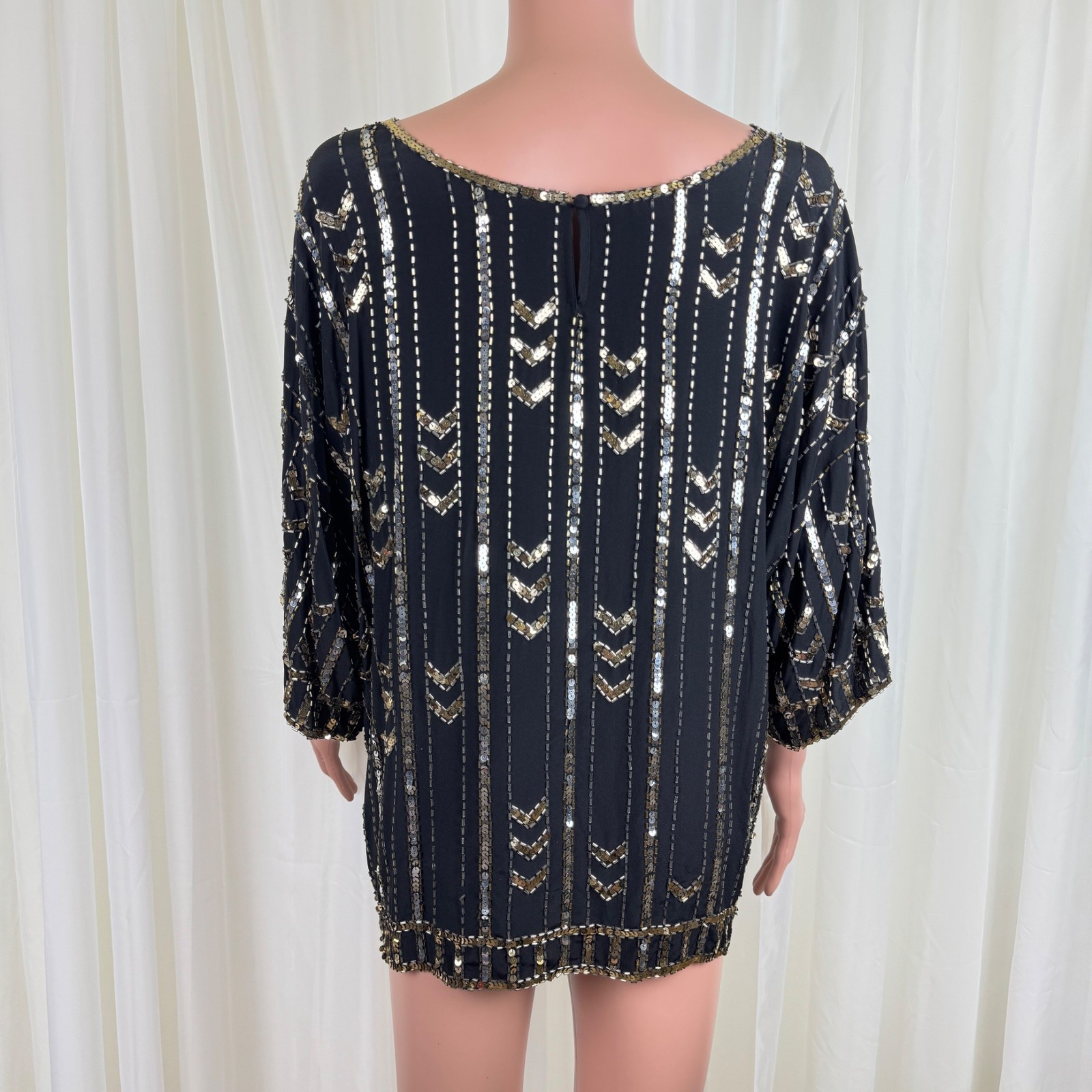 Vintage 80’s Three Flaggs 100% Silk Beaded Sequins Blouse Top Sz Large Black