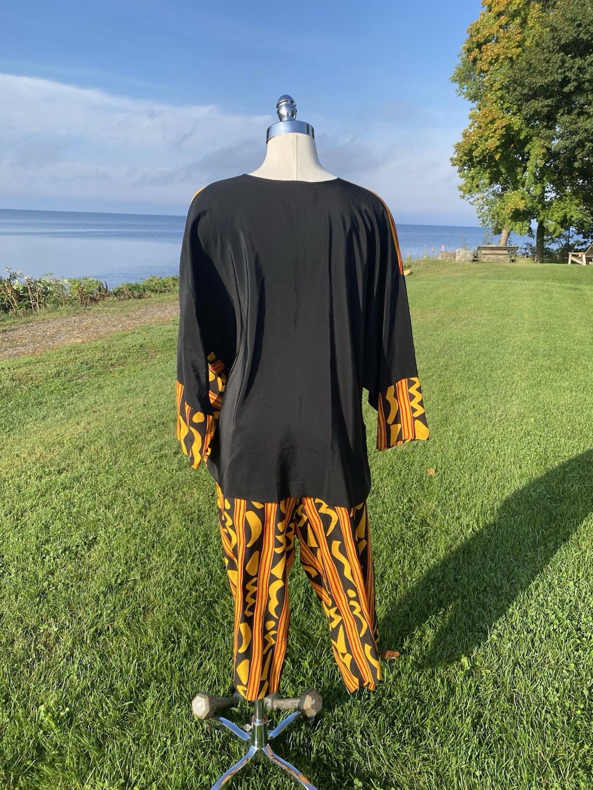 Vtg 1980s Gold Black Geometric Silk Blouse Balloon Pants Size Large To 1X