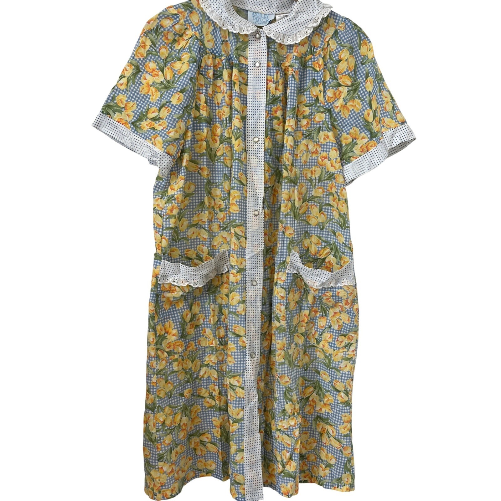 Ashley Taylor Floral Gingham Pearl Snap House Dress Blue Yellow Large Vintage