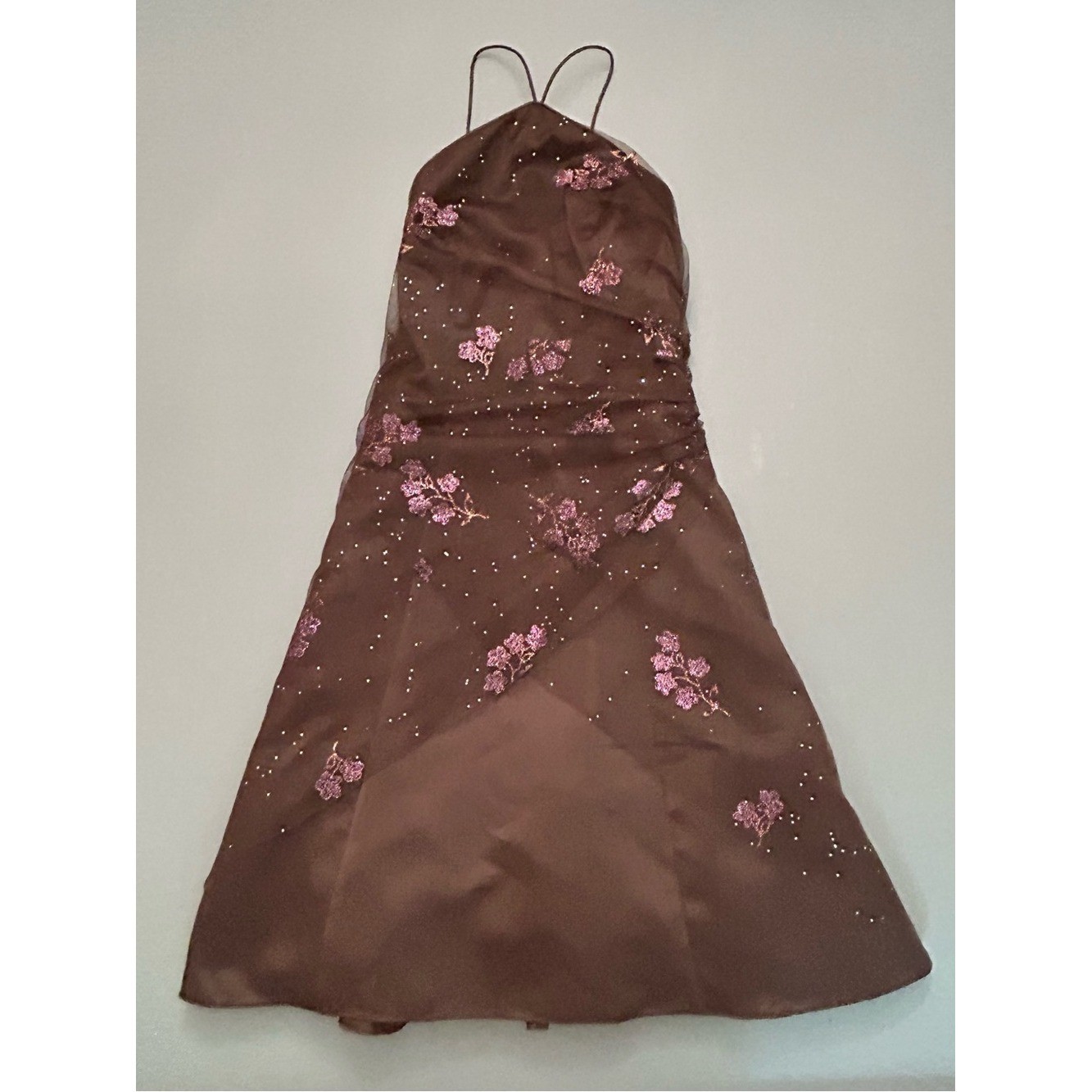 Vintage Y2K 90’s Onyx Nite Brown Satin Party Dress w/ Sparkles and Lace Overlay
