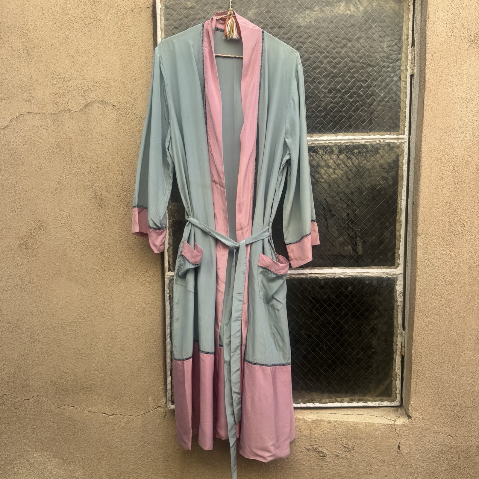 Antique 1920s Cotton Candy Blue & Pink Silk Robe Dress Coat Lounge Vintage