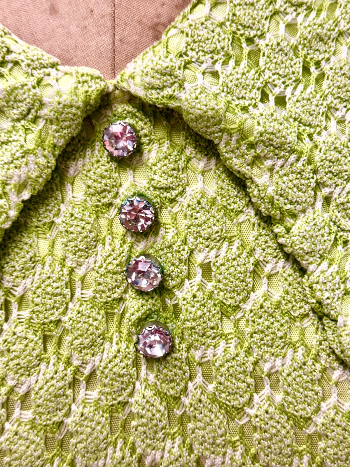 Vintage 1960s Mod Style Green Crochet Lace Mini Dress W/ Dagger Collar Med